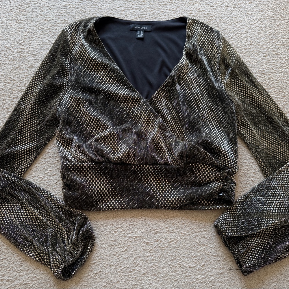 Womens New Look Gold Metallic Long Sleeve V Neck Blouse Top Shirt Wrap Medium 10